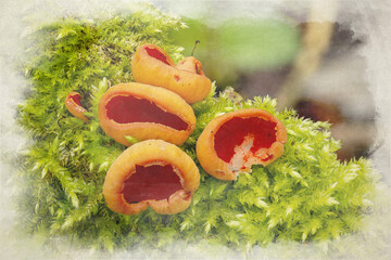 Scarlet elf cup, Sarcoscypha austriaca digital watercolour painting in a woodland setting.