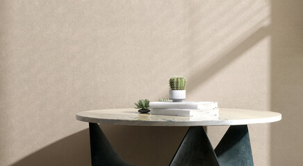 Minimal, modern white marble round side table podium, books, cactus in sunlight, shadow from window blinds on beige brown wall for luxury cosmetic, skincare, beauty treatment product background 3D