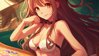 Anime girl in bikini playing cards - obrazy, fototapety, plakaty