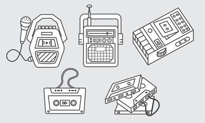 Outline stroke radio vintage and Cassette tape icon set. flat design cartoon adorable concept. thin line. vector