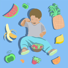 Vector isolated illustration of baby food. Vitamins for children. Vegetarian children. Fruit porridge for children.