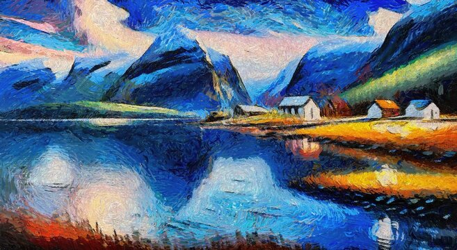 Mountains landscape oil painting. Mountain lake with reflections in water. © AnnArts