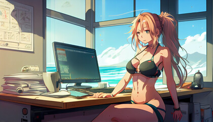 Fototapeta na wymiar Anime Girl in Bikini Sitting in the Office generative AI