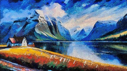 Landscape with mountains, lake and blue sky. Digital painting.