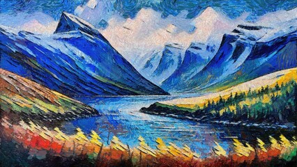 Digital painting of a mountain landscape in the evening. Colorful landscape with a mountain lake and village.