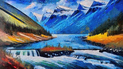 Oil painting on canvas of a village on the shore of a mountain lake