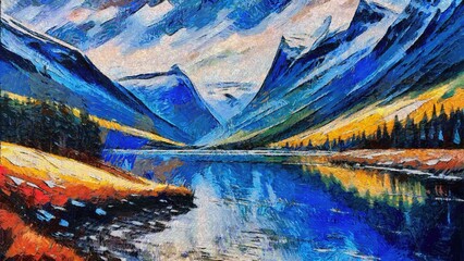 Oil painting on canvas of a village on the shore of a mountain lake