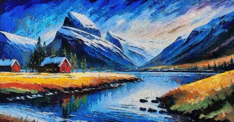 Oil painting on canvas of a village on the shore of a mountain lake