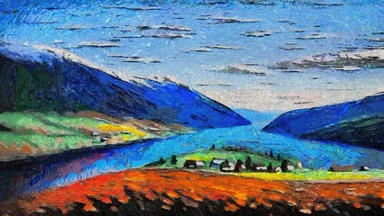 Digital painting of a mountain village on the bank of a mountain lake