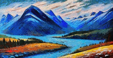 Digital painting of a mountain village on the bank of a mountain lake