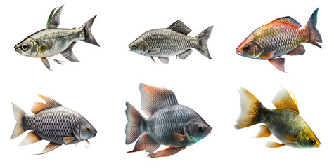 Fototapeta premium Six illustrations of colorful freshwater fish on a transparent background, Generative AI