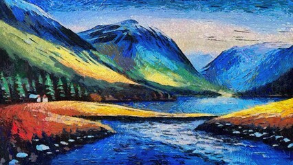 Digital painting of a mountain village on the bank of a mountain lake