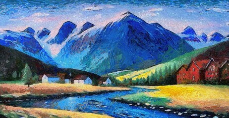 Digital painting of a mountain village on the bank of a mountain lake