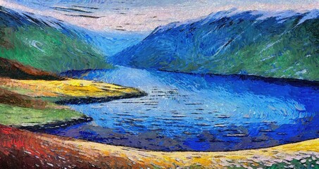 Original oil painting on canvas of a small village on Lofoten islands, Norway