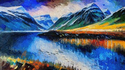 Original oil painting on canvas of a small village on Lofoten islands, Norway