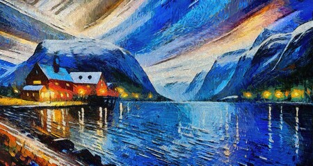 Original oil painting on canvas of a small village on Lofoten islands, Norway