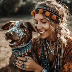 Happy dog with young woman friend hippie style 8k best quality IA generativa