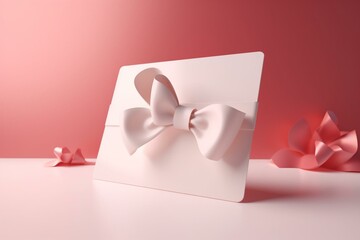 White gift card with pink bow isolated on pastel background. Minimal concept 3d rendering with shadow. Generative AI