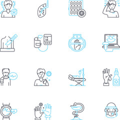 Pandemic intervention linear icons set. Quarantine, Isolation, Contact tracing, Social distancing, Lockdown, Masking, Hygiene line vector and concept signs. Ventilators,Pandemic,Testing outline