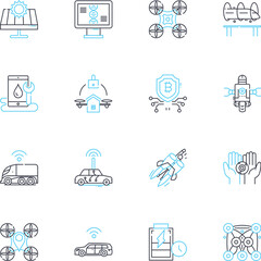 Virtual transport linear icons set. Teleportation, Comms, Holoportation, Virtuality, Oculus, Augmented Reality, CyberRoute line vector and concept signs. TechnoCommute,Spatial Computing,Virtual
