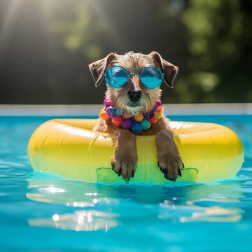 dog in swimming pool in inflatable summertime fun with sunglasses
