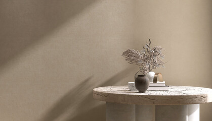 Natural, cozy round wooden table podium, book, pampas in white ceramic jar in sunlight, shadow from...