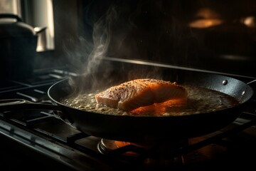Transparent image of fish fillet steaming on gas stove with frying pan. Generative AI