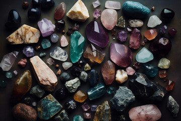 Gemstones, crystals, rocks, minerals flat lay. Geology/mineralogy theme illustration. AI generative.