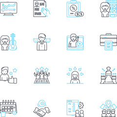 Company gathering linear icons set. Team-building, Nerking, Retreat, Celebration, Collaboration, Engagement, Conference line vector and concept signs. Congregation,Meetup,Assembly outline
