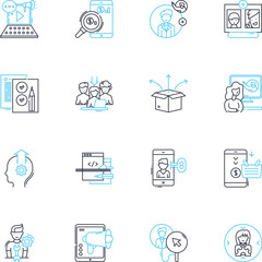 Fototapeta premium Buzz-building linear icons set. Hype, Excitement, Anticipation, Viral, Trending, Popularity, Exposure line vector and concept signs. Attention,Frenzy,Momentum outline illustrations