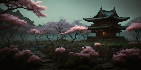 Japanese style shrine with pimk cherry blossoms tree, AI Generative - obrazy, fototapety, plakaty