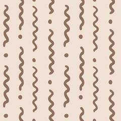 Vertical hand drawn worm like lines with dots forming organic stripe pattern in a palette of brown over beige cream. Great for home decor, fabric, wallpaper, gift wrap, stationery, and design projects