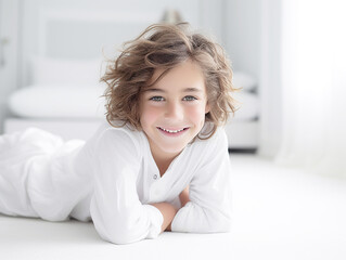 Naklejka premium Portrait of a smiling boy in white light in a white room. Emotions. generative ai