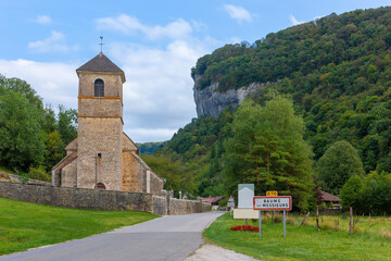 THE ABBEY of SAINT-PIERRE-DE-BEAUME GENTLEMEN in the small village of Beaume-le-Monsieur. Jura, France, Europe. - obrazy, fototapety, plakaty