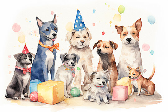 Cute dogs birthday party. Hand drawn watercolor illustration on white background.Generative AI