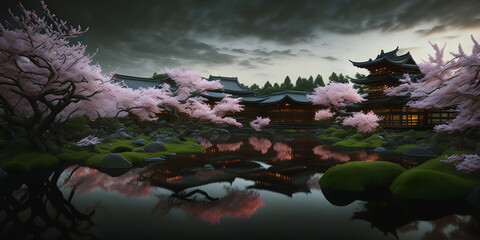 Landscape of traditional  japanese japanese house and zen garden with cherry blossom trees. Generative AI