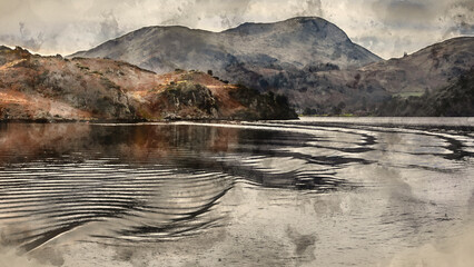 Digital watercolour painting of Wonderful Winter landscape image viewed from boat on Ullswater in Lake District with unusual water ripple wake movements