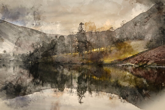 Digital watercolour painting of Wonderful unusual Winter landscape views of mountain ranges around Ullswater in Lake District viewed from boat on lake