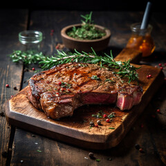 juicy grilled steak with herbs and spices on rustic cutting board. Barbecue