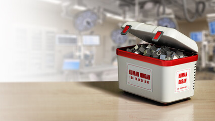 Human organ transport box in the operating room. With copy space. 3D illustration