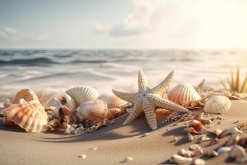 Fototapeta na wymiar Beautifull shells on the sand beach. Generative AI