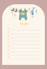 Boho baby daily planner. To do list with hanging childrens clothes. Planning and setting goals. Time management and organization of effective educational process. Cartoon flat vector illustration