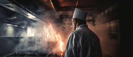 A chef entering his battleground. Chef in an restaurant kitchen, flame, spark and smoke on the gas stove. Generative AI based