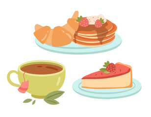 Set of breakfasts. Cup of hot drink tea with pancakes with fruits in jam, croissant and cake. Traditional morning eating collection. Cartoon flat vector illustrations isolated on white background