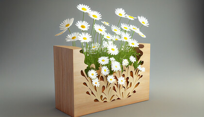 Wood Podium Display with daisies
