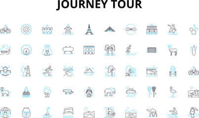Journey tour linear icons set. Trek, Adventure, Expedition, Excursion, Odyssey, Safari, Jaunt vector symbols and line concept signs. Voyage,Pilgrimage,Roaming illustration
