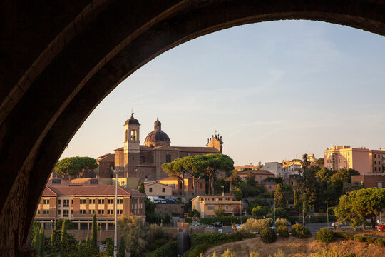 Italy, Lazio, Viterbo, View from Palazzo dei Papi toward Chiesa della Santissima Trinita church