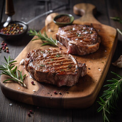juicy grilled steak with herbs and spices on rustic cutting board. Barbecue