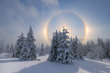 Germany, Saxony, Halo around sun setting over snow-covered forest in Erzgebirge range
