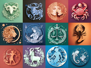 Set of zodiac signs icons. Aries, Leo, Gemini, Taurus, Scorpio, Aquarius, Pisces, Sagittarius, libra, Virgo, Capricorn, and cancer. Paper cut craft. Generative AI - obrazy, fototapety, plakaty